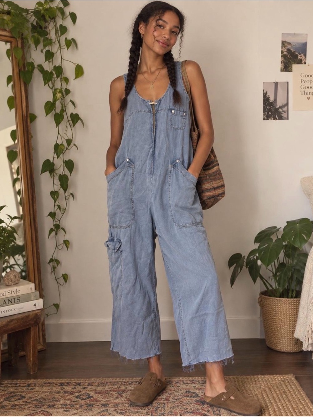 Pilcro Light Blue Denim Wide-Leg Overalls